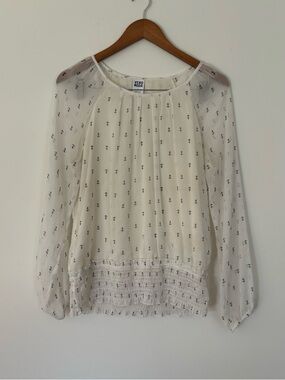 Vero Moda Anchor Print Sheer Blouse Size L | Smocked Waist Boho Nautical Top